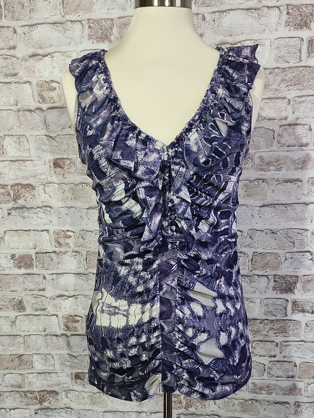 New York & Company Navy and White Ruffled V-Neck Camisole